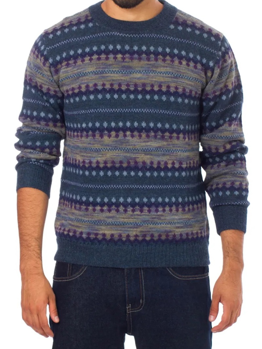 Men's Navy Fair Isle Alpaca Wool Crewneck Sweater